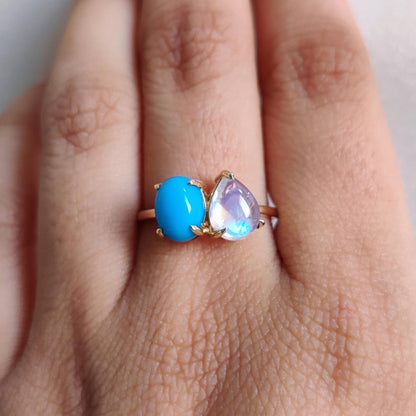 Natural Arizona Turquoise & Rainbow Moonstone Ring, 14K Solid Yellow Gold Turquoise and Moonstone Ring, December and June Birthstone Ring