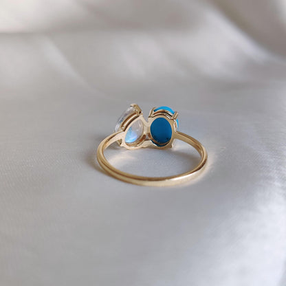 Natural Arizona Turquoise & Rainbow Moonstone Ring, 14K Solid Yellow Gold Turquoise and Moonstone Ring, December and June Birthstone Ring