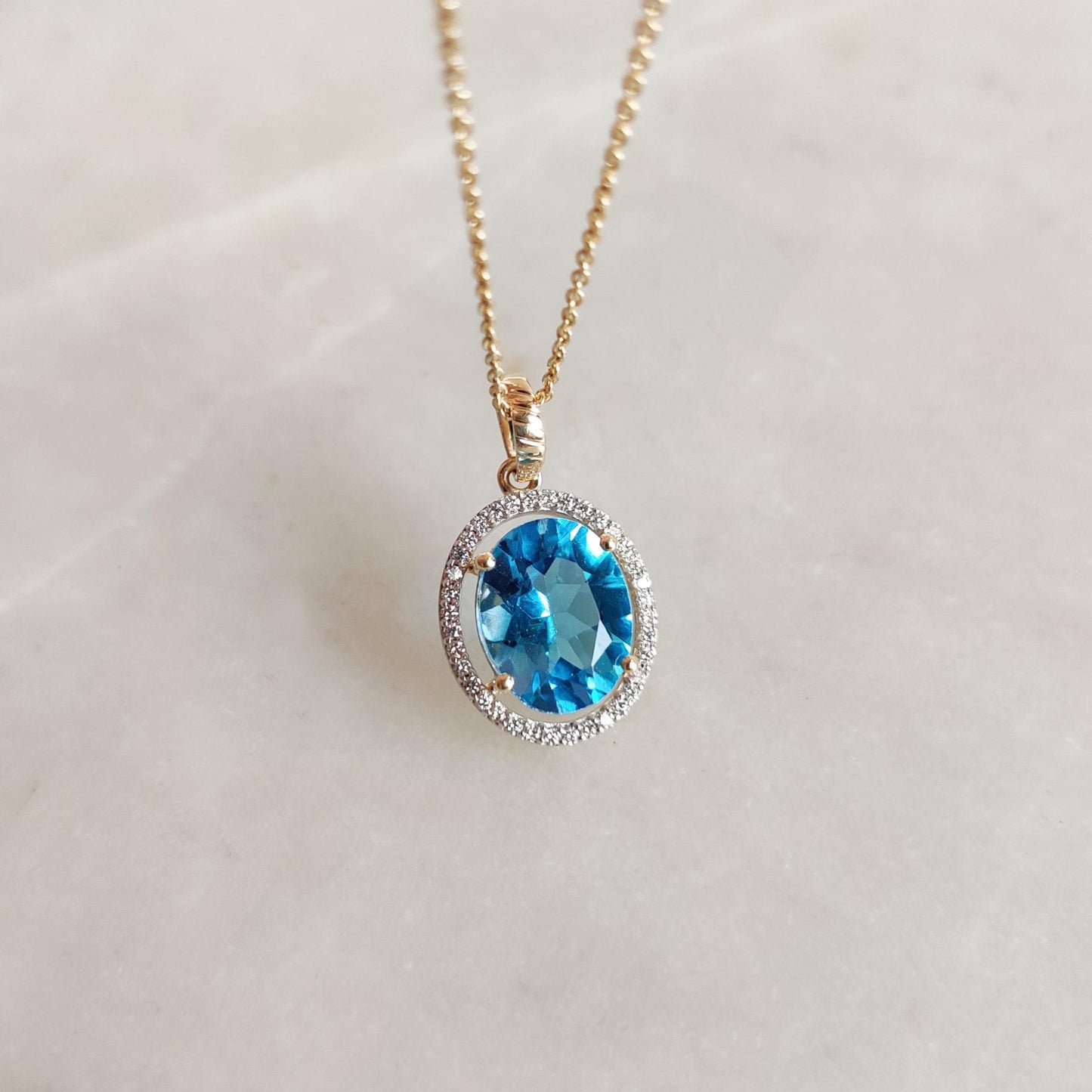 Natural Swiss Blue Topaz & Diamond Pendant, 14K Solid White Gold Pendant, December April Birthstone Pendant, Topaz Jewelry, Christmas Gift