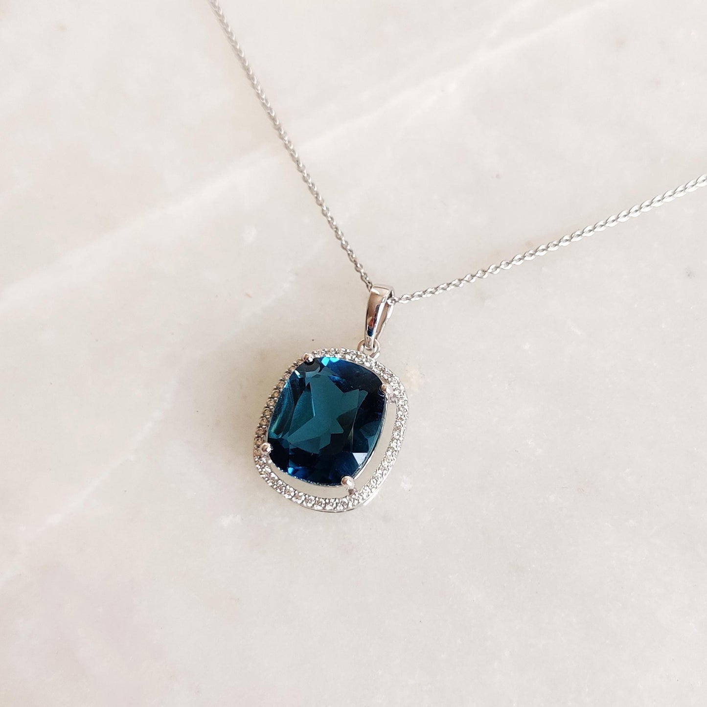 Natural London Blue Topaz & Diamond Pendant, 14K Solid White Gold Pendant, December April Birthstone Pendant, Topaz Jewelry, Christmas Gift