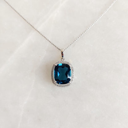 Natural London Blue Topaz & Diamond Pendant, 14K Solid White Gold Pendant, December April Birthstone Pendant, Topaz Jewelry, Christmas Gift