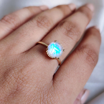 Natural Rainbow Moonstone Ring, 14K Solid Yellow Gold Moonstone Ring, June Birthstone Ring, Round Cut Engagement Ring, Blue Moonstone Ring