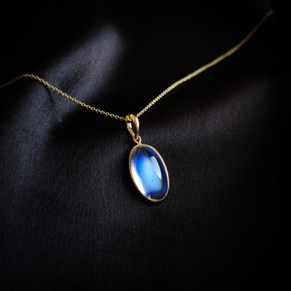 Natural Rainbow Moonstone Pendant, 14K Solid Yellow Gold Pendant, June Birthstone Pendant, Rainbow Moonstone Jewelry, Blue Moonstone Pendant