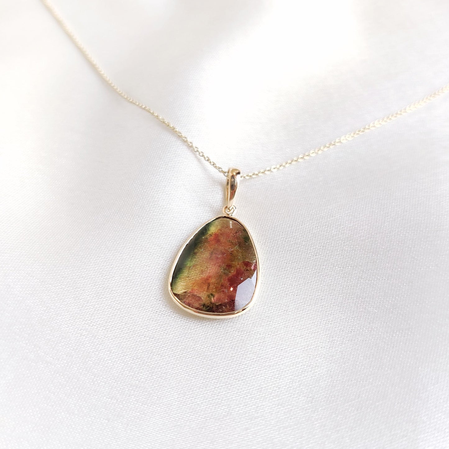 Natural Watermelon Tourmaline Pendant, 14K Solid Yellow Gold Tourmaline Pendant, October Birthstone Pendant, Bezel Set Tourmaline Pendant