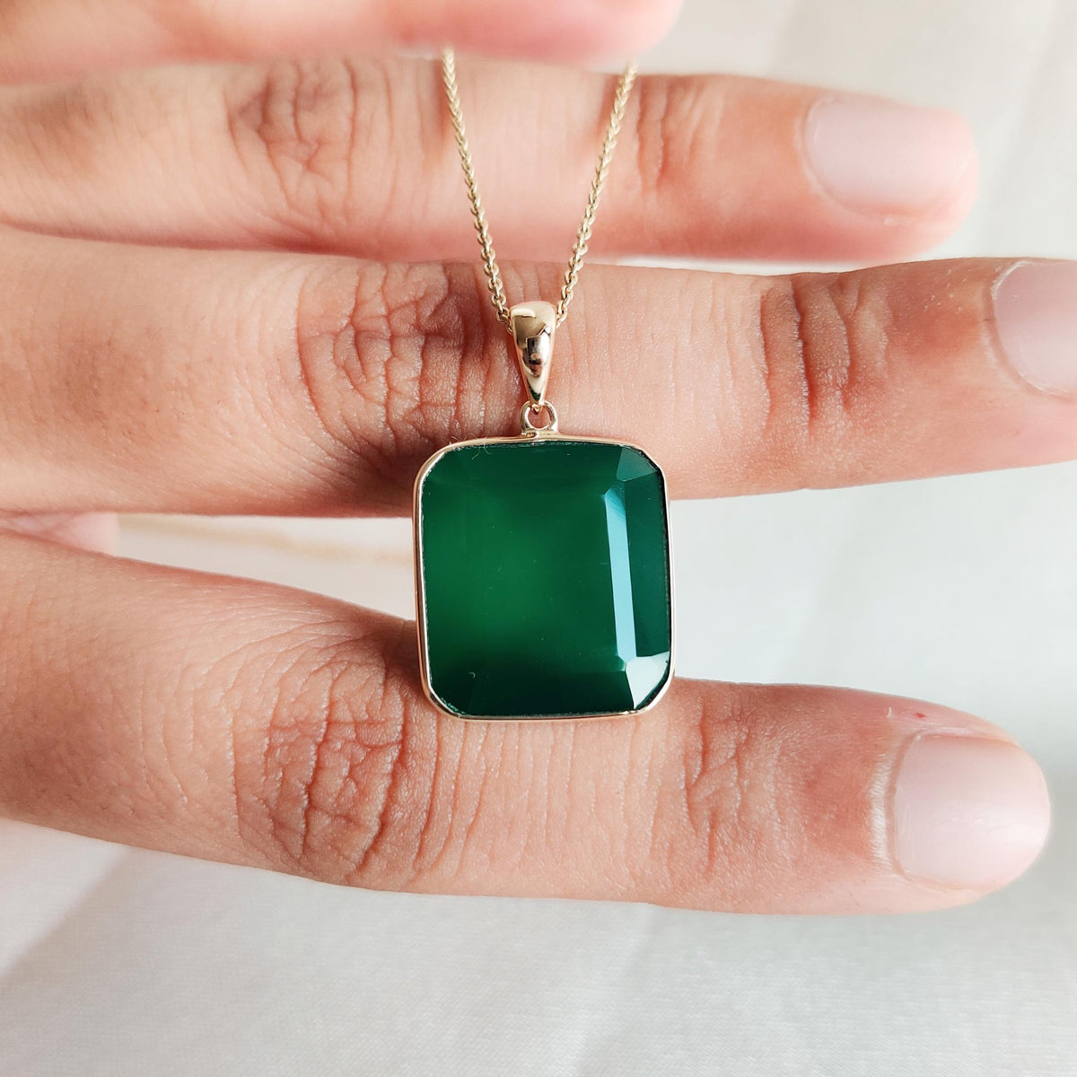 Natural Green Onyx Octagon Pendant, 14K Solid Yellow Gold Pendant, May Birthstone
