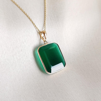 Natural Green Onyx Pendant, 14K Solid Yellow Gold Pendant, May Birthstone Pendant, Christmas Gift, Onyx Jewelry