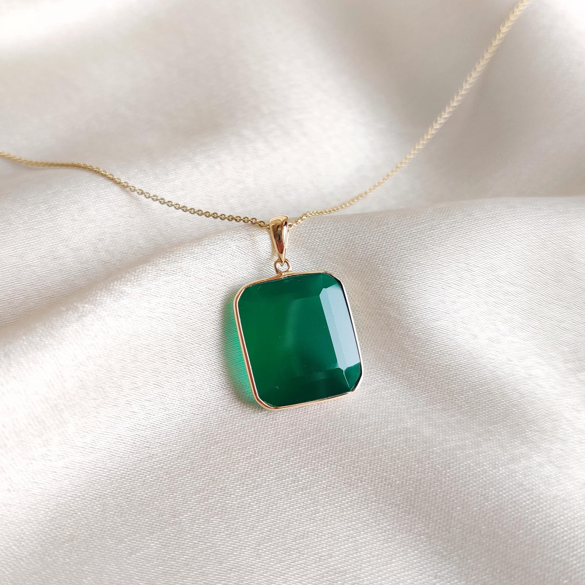 Natural Green Onyx Octagon Pendant, 14K Solid Yellow Gold Pendant, May Birthstone