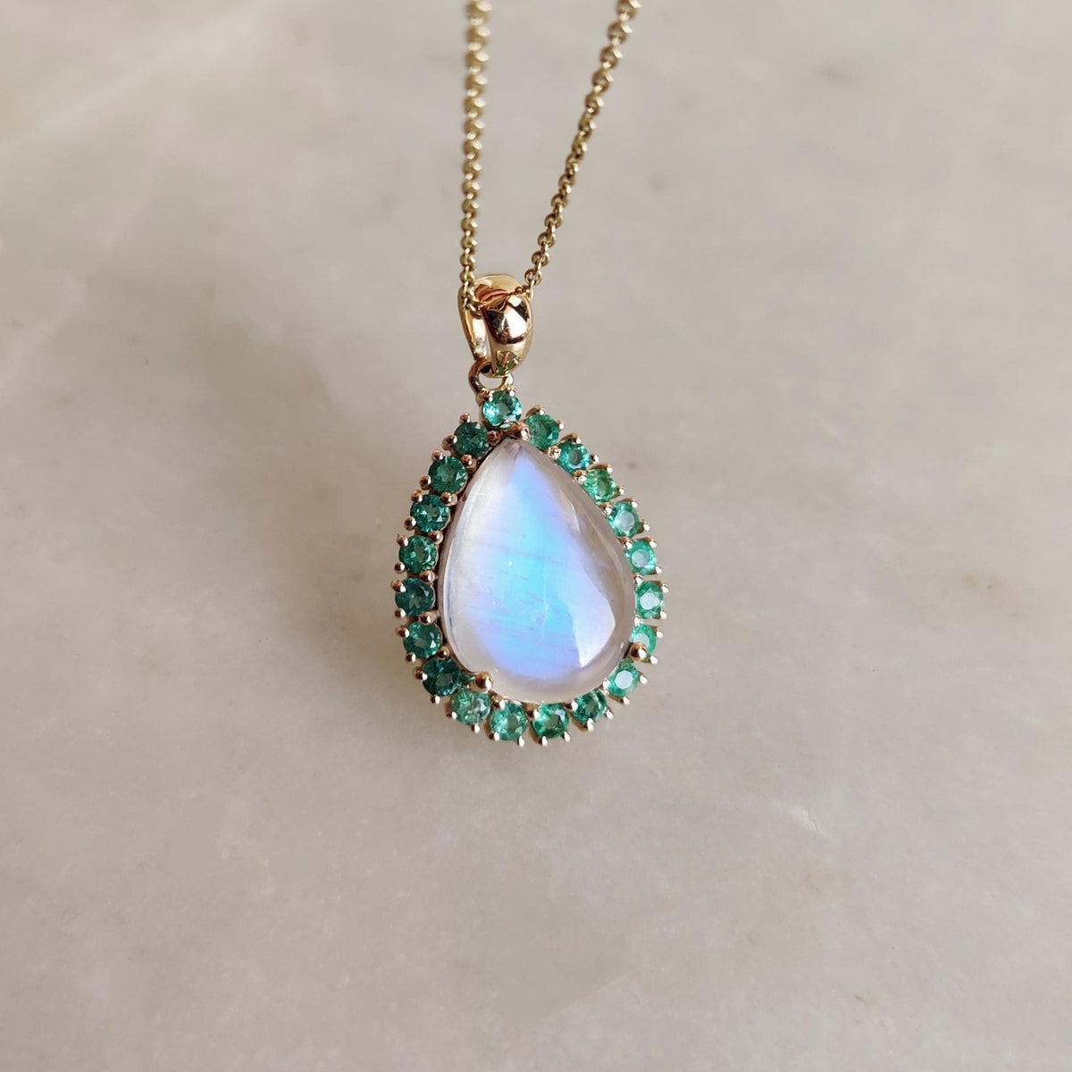 Natural Rainbow Moonstone & Emerald Pendant: 14K Solid Yellow Gold, May June Birthstone
