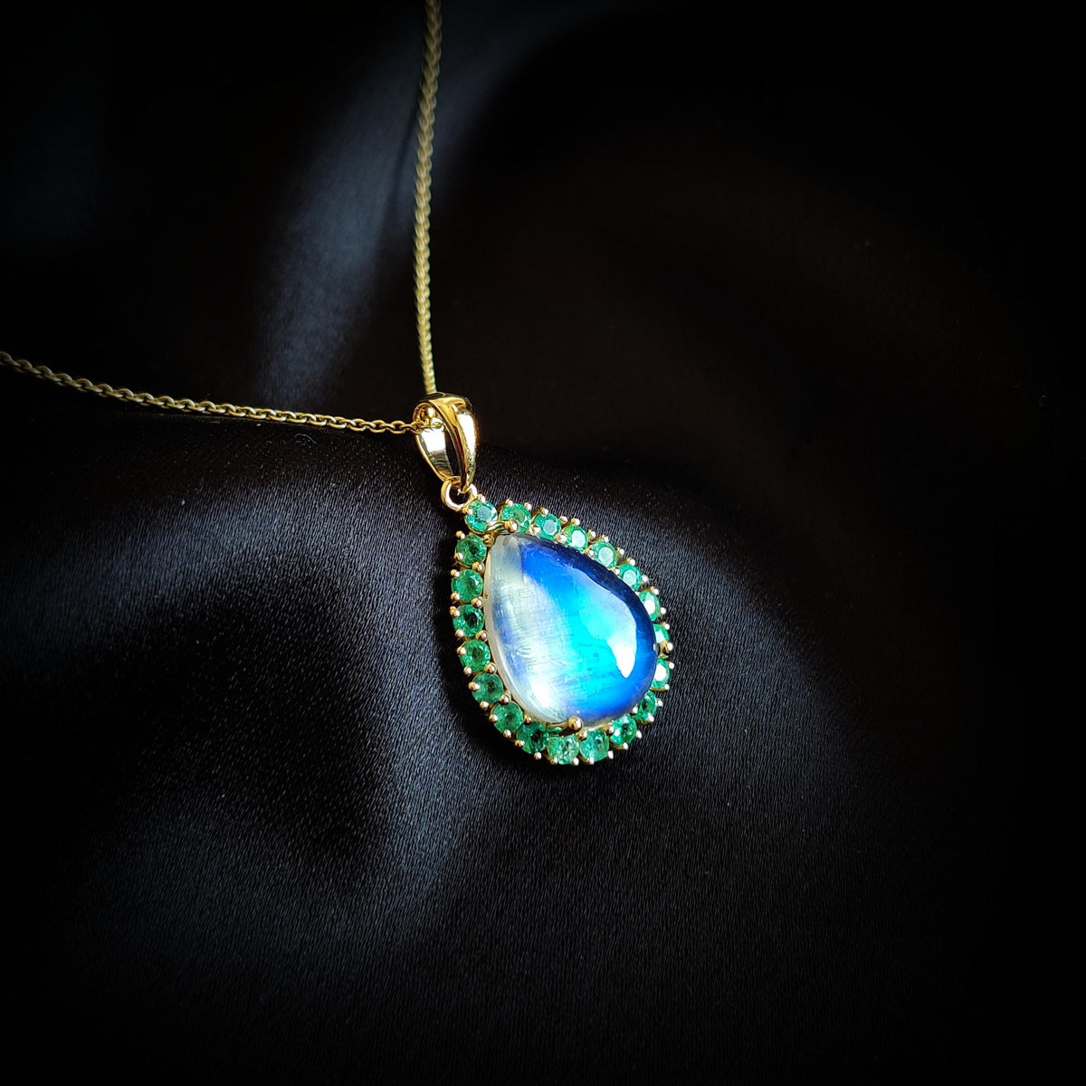 Natural Rainbow Moonstone & Emerald Pendant: 14K Solid Yellow Gold, May June Birthstone