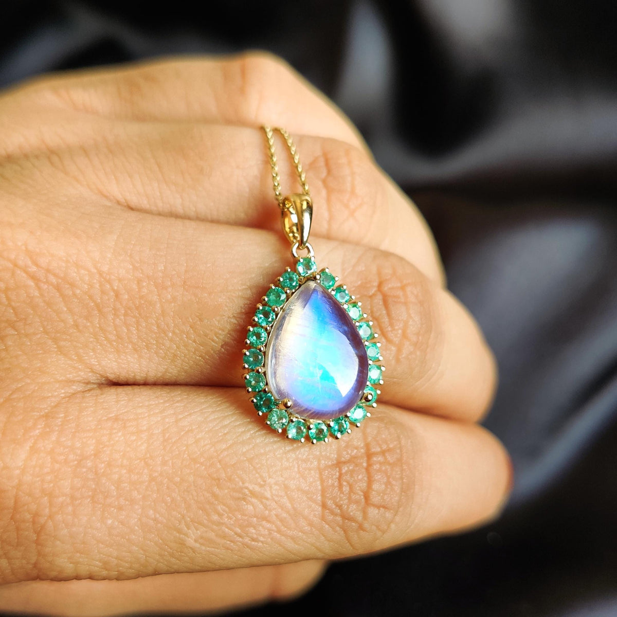 Natural Rainbow Moonstone & Emerald Pendant: 14K Solid Yellow Gold, May June Birthstone