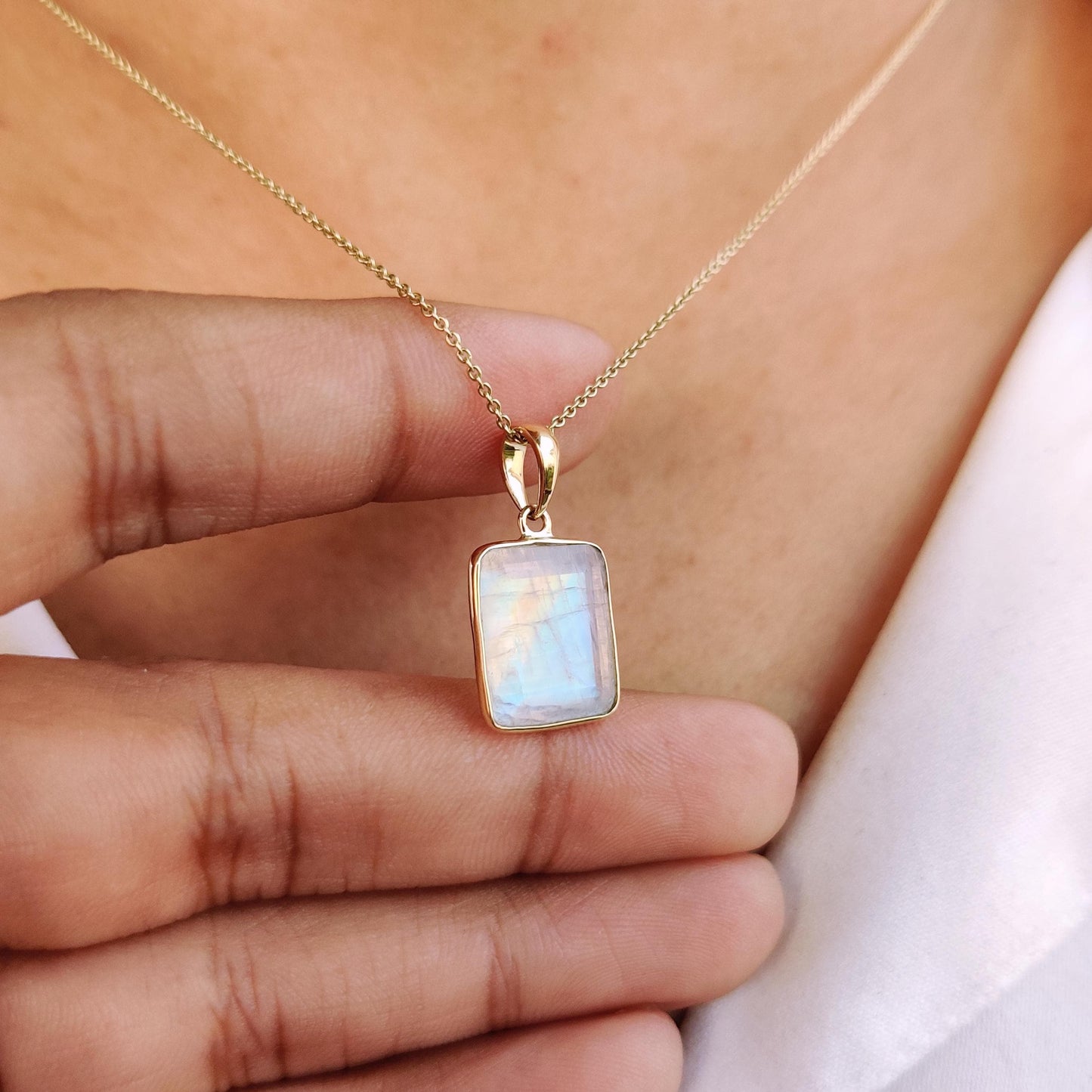 Natural Rainbow Moonstone Pendant, 14K Solid Yellow Gold Pendant, June Birthstone, Moonstone Jewelry, Bezel Pendant, Christmas Present