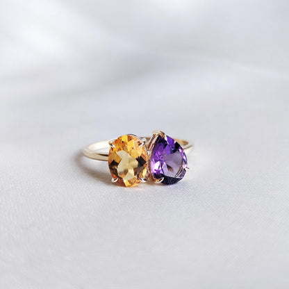 Natural Purple Amethyst & Citrine Ring, 14K Solid Yellow Gold Ring, February and November Birthstone Ring, Multi Stone Ring, Engagement Ring