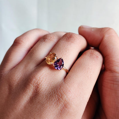 Natural Purple Amethyst & Citrine Ring, 14K Solid Yellow Gold Ring, February and November Birthstone Ring, Multi Stone Ring, Engagement Ring