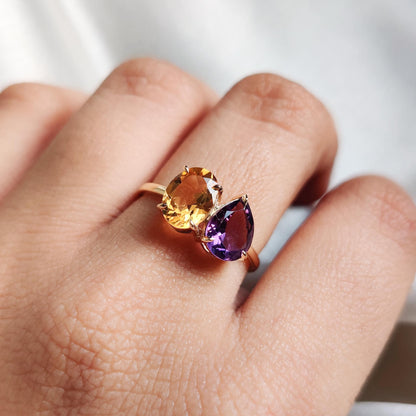 Natural Purple Amethyst & Citrine Ring, 14K Solid Yellow Gold Ring, February and November Birthstone Ring, Multi Stone Ring, Engagement Ring