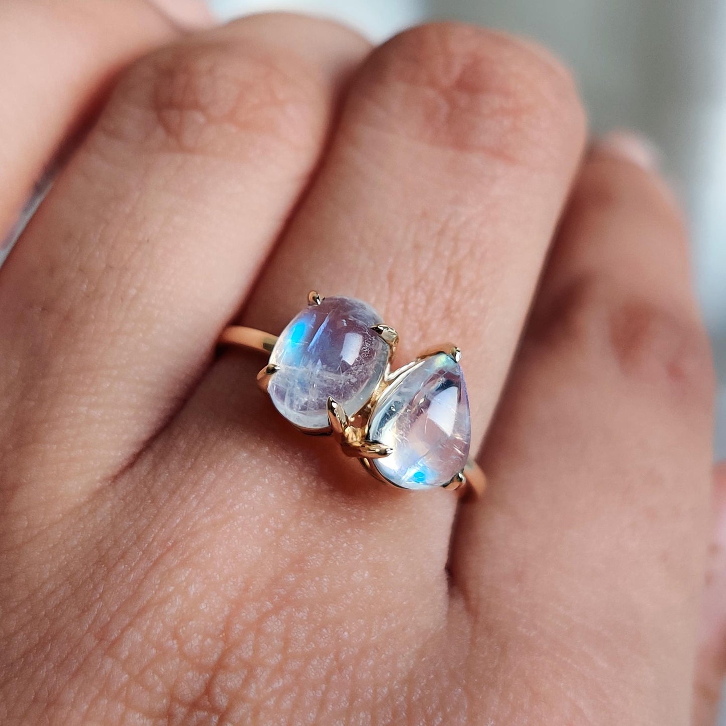 Natural Rainbow Moonstone Ring, 14K Solid Yellow Gold Moonstone Ring, June Birthstone Ring, Blue Moonstone Ring, Christmas Present