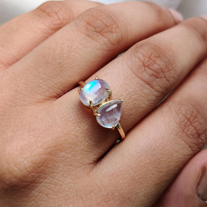 Natural Rainbow Moonstone Ring, 14K Solid Yellow Gold Moonstone Ring, June Birthstone Ring, Blue Moonstone Ring, Christmas Present