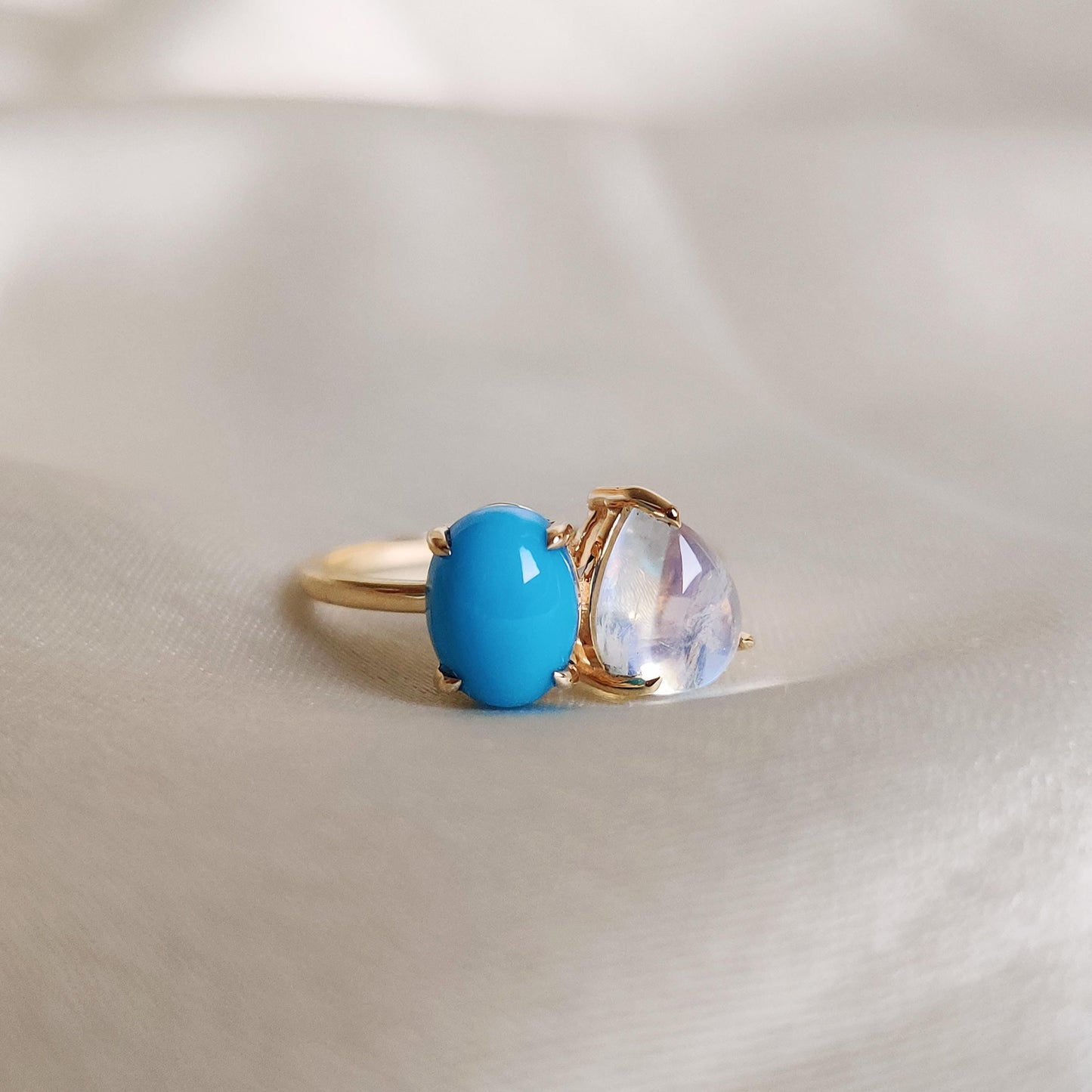 Natural Arizona Turquoise & Rainbow Moonstone Ring, 14K Solid Yellow Gold Turquoise and Moonstone Ring, December and June Birthstone Ring