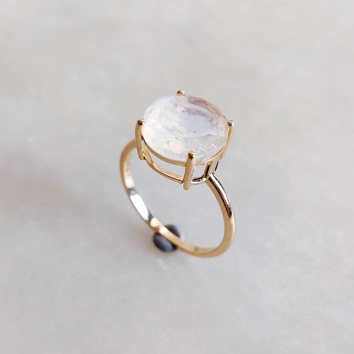 Natural Rainbow Moonstone Ring, 14K Solid Yellow Gold Moonstone Ring, June Birthstone Ring, Round Cut Engagement Ring, Blue Moonstone Ring