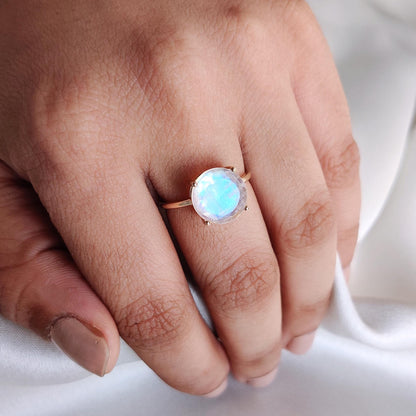 Natural Rainbow Moonstone Ring, 14K Solid Yellow Gold Moonstone Ring, June Birthstone Ring, Round Cut Engagement Ring, Blue Moonstone Ring