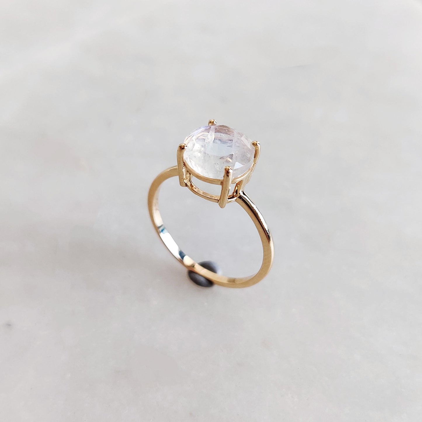 Natural Rainbow Moonstone Ring, 14K Solid Yellow Gold Moonstone Ring, June Birthstone Ring, Round Cut Engagement Ring, Blue Moonstone Ring