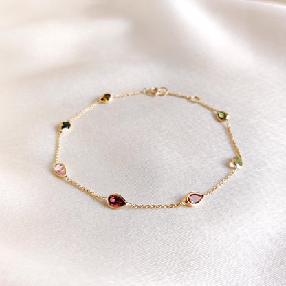 Natural Multi Tourmaline Bracelet, 14K Solid Yellow Gold Multi Tourmaline Bracelet, October Birthstone, Christmas Gift, Tourmaline Jewelry