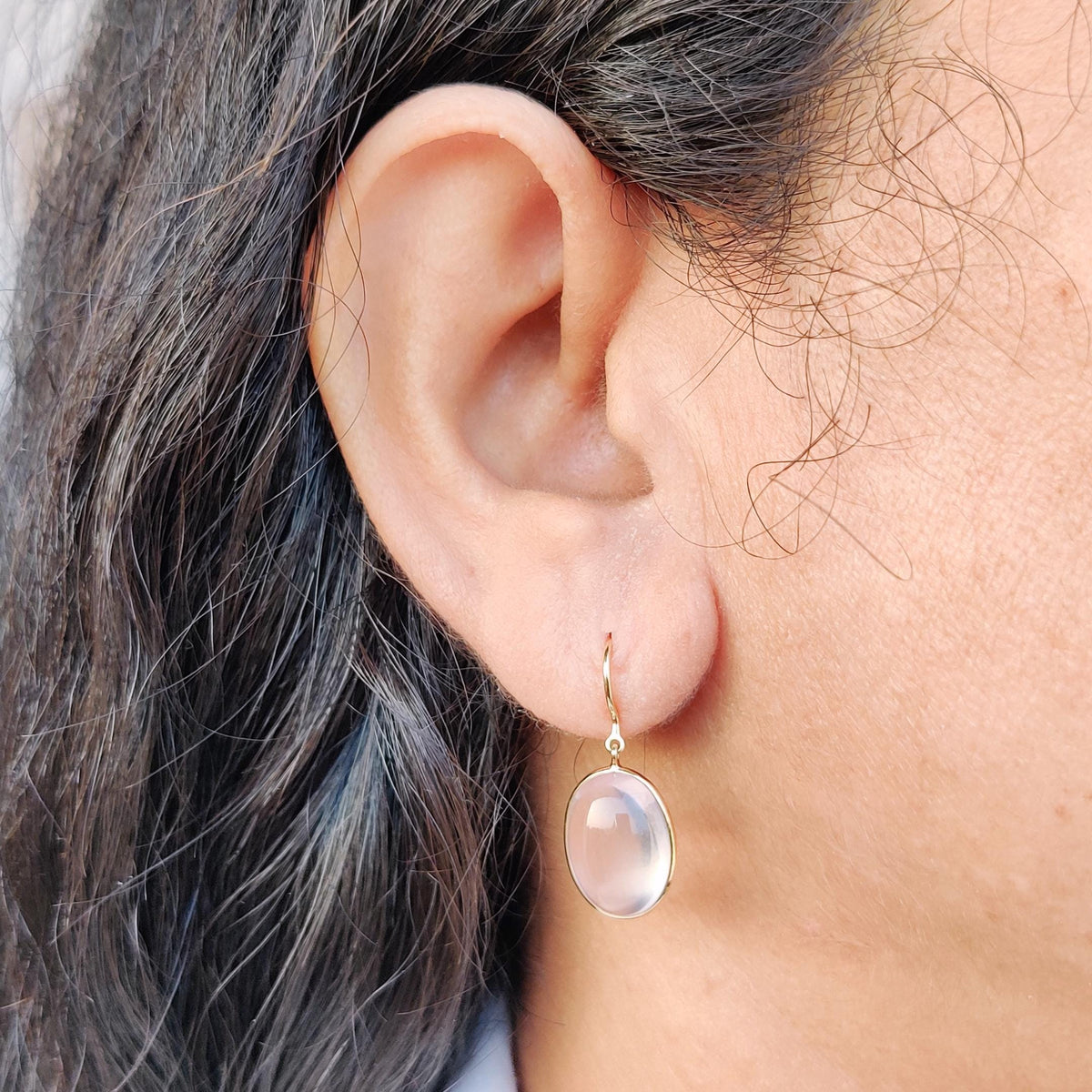 Natural Rose Quartz 14K Solid Yellow Gold Earrings, January Birthstone Earrings, Bezel