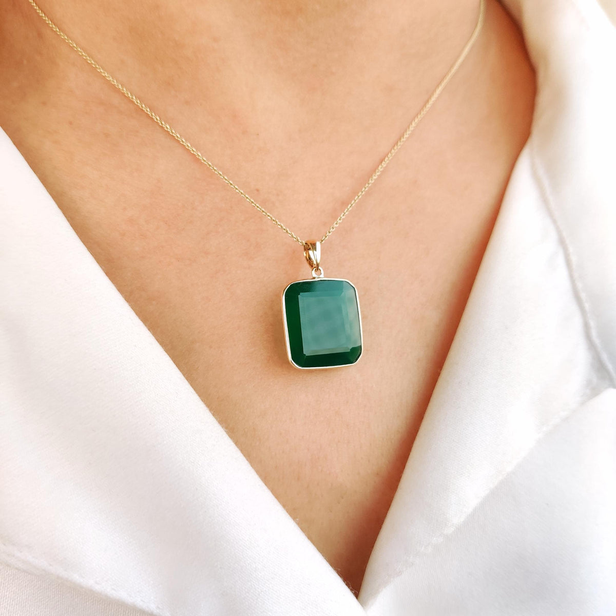 Natural Green Onyx Octagon Pendant, 14K Solid Yellow Gold Pendant, May Birthstone