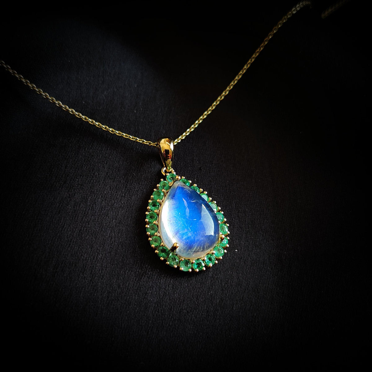 Natural Rainbow Moonstone & Emerald Pendant: 14K Solid Yellow Gold, May June Birthstone