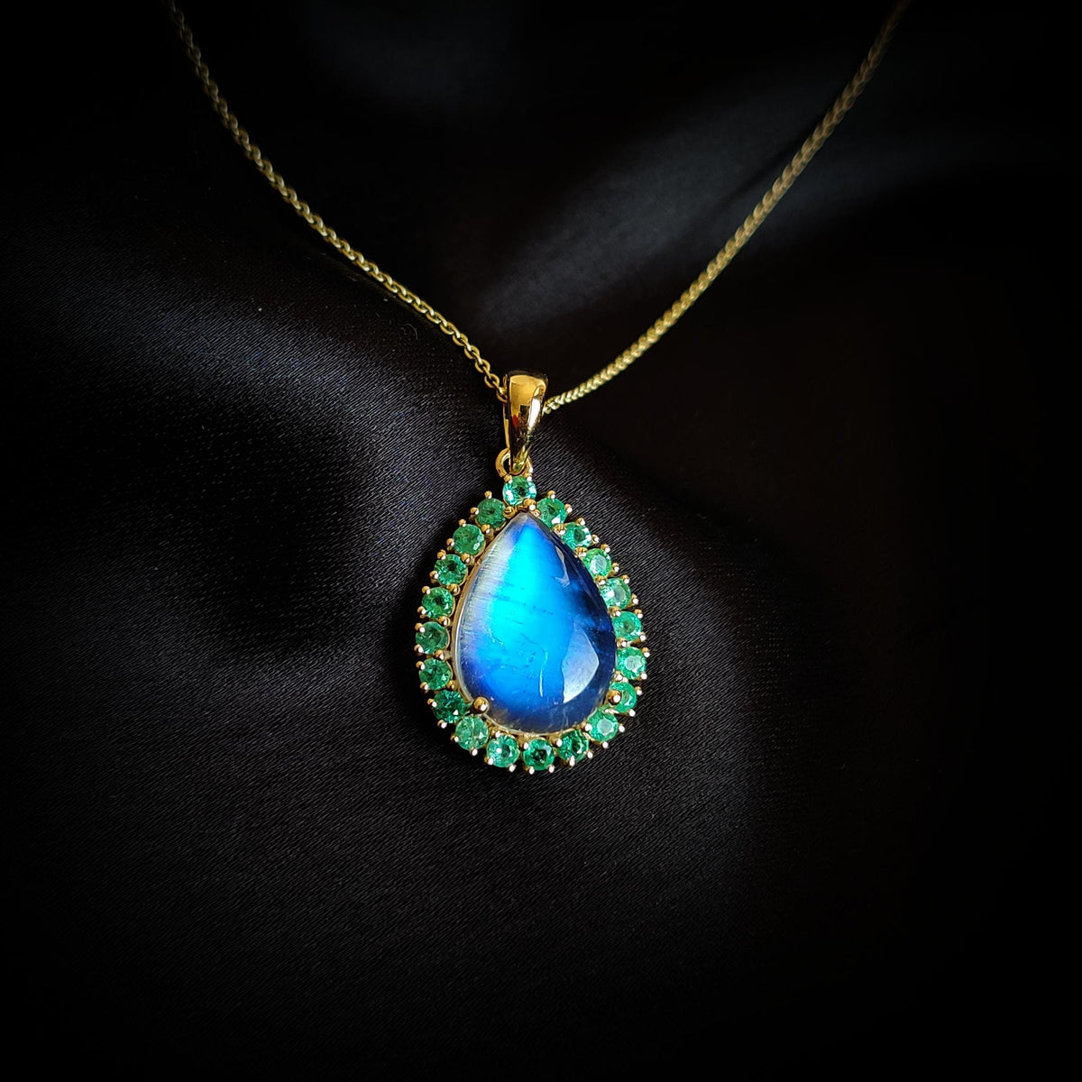 Natural Rainbow Moonstone & Emerald Pendant: 14K Solid Yellow Gold, May June Birthstone