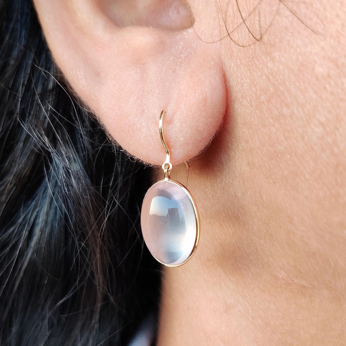 Natural Rose Quartz 14K Solid Yellow Gold Earrings, January Birthstone Earrings, Bezel