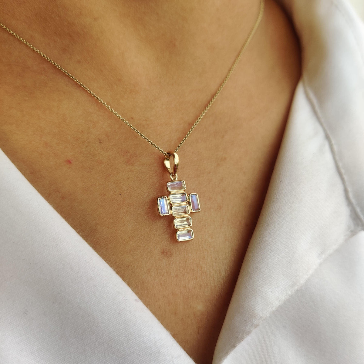 14K Solid Gold Natural Rainbow Moonstone Cross Pendant, June Birthstone, Christmas Gift