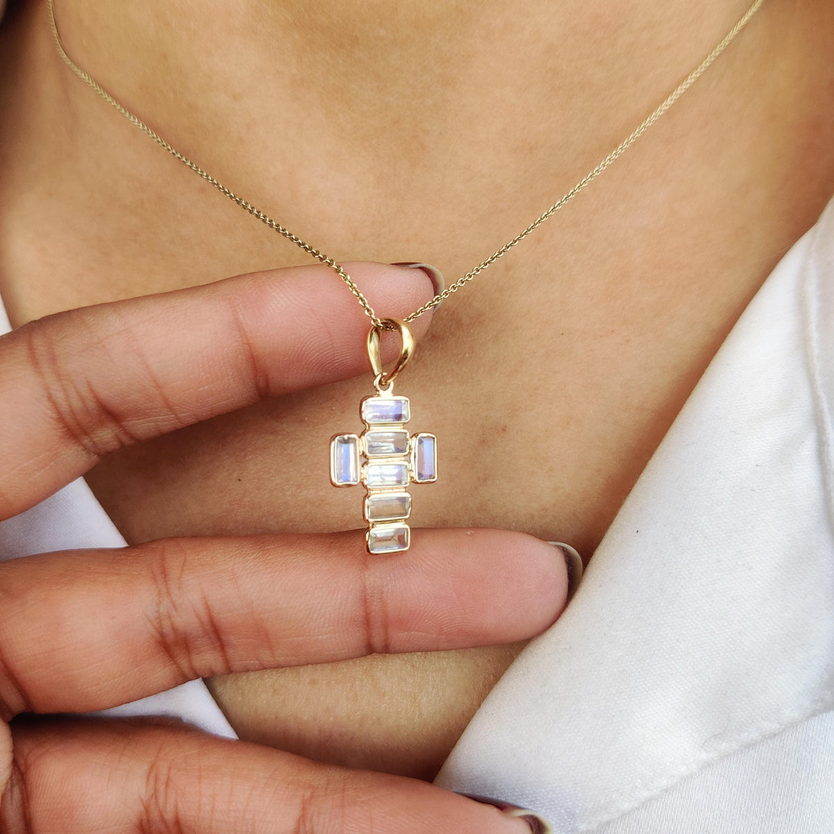 14K Solid Gold Natural Rainbow Moonstone Cross Pendant, June Birthstone, Christmas Gift