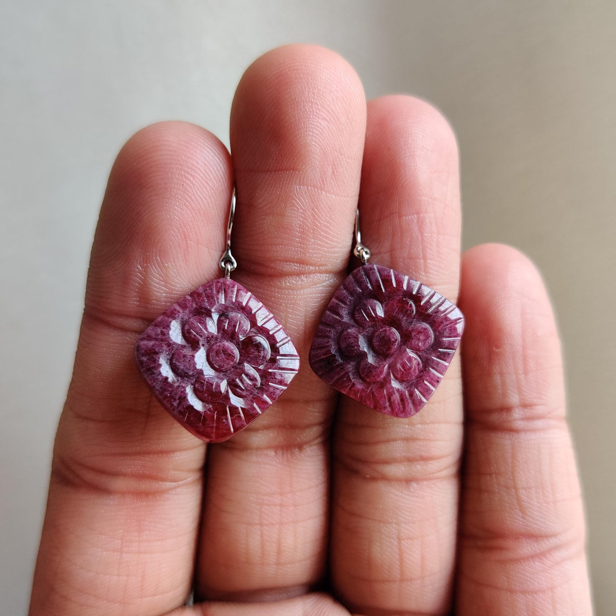 Natural Ruby Carving Drill Earrings, 14K Solid White Gold, July Birthstone