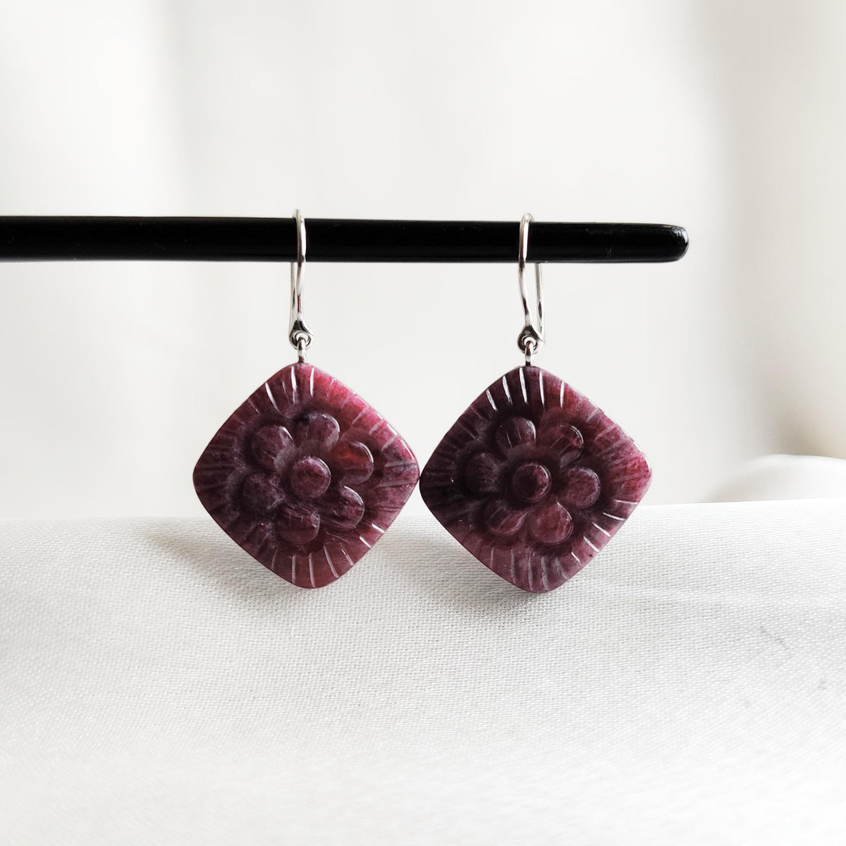 Natural Ruby Carving Drill Earrings, 14K Solid White Gold, July Birthstone