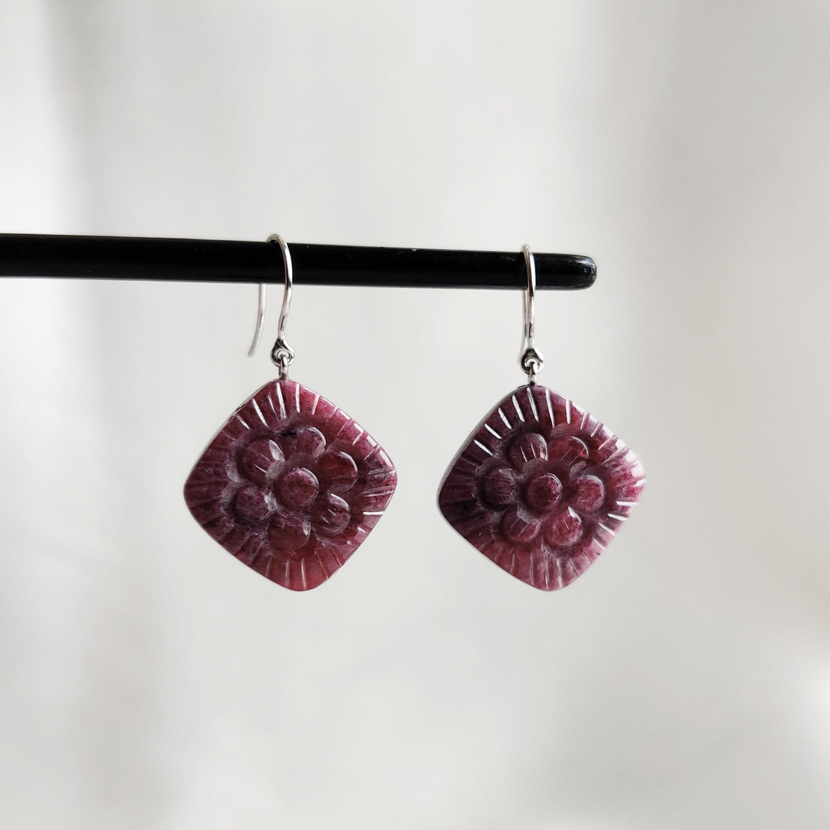 Natural Ruby Carving Drill Earrings, 14K Solid White Gold, July Birthstone