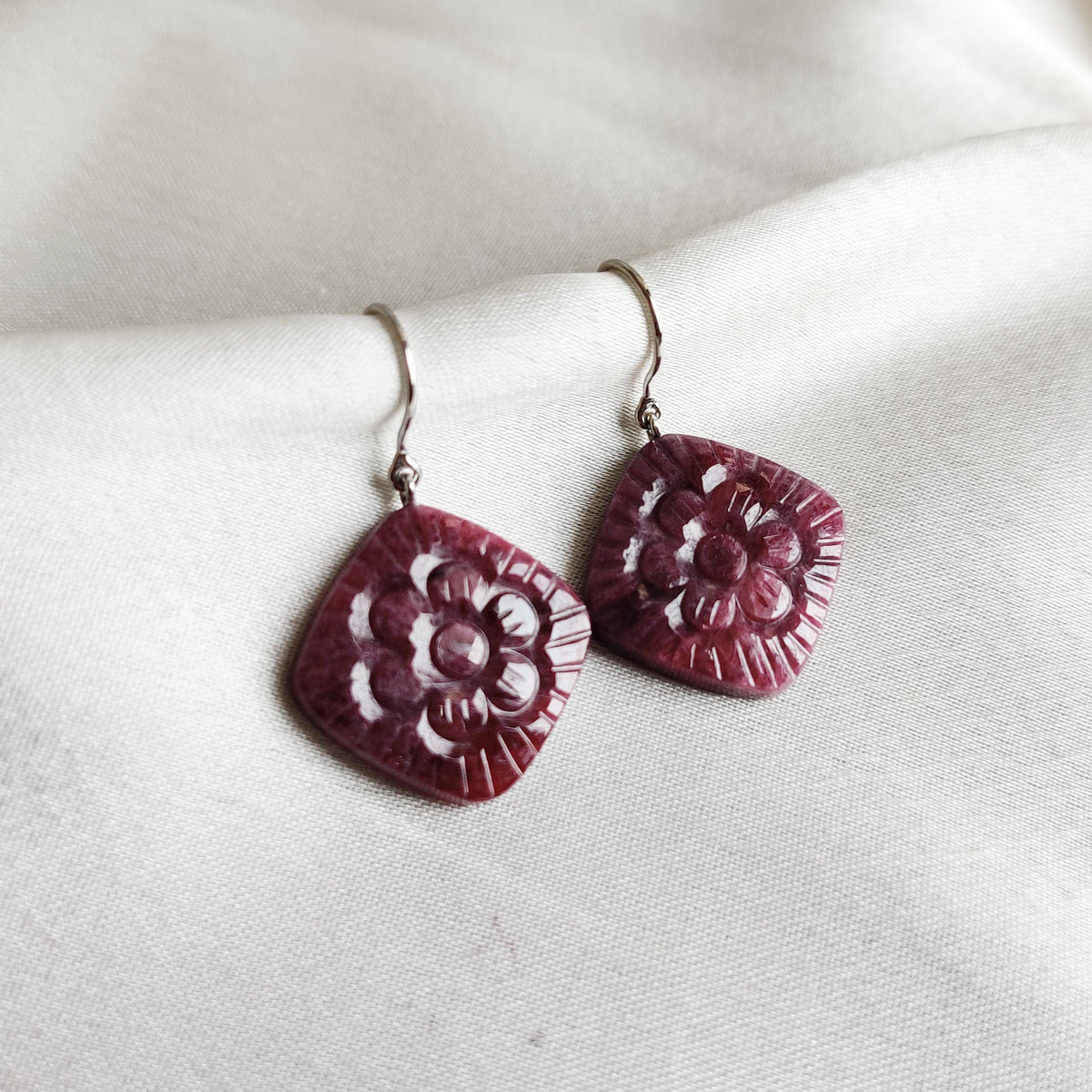 Natural Ruby Carving Drill Earrings, 14K Solid White Gold, July Birthstone
