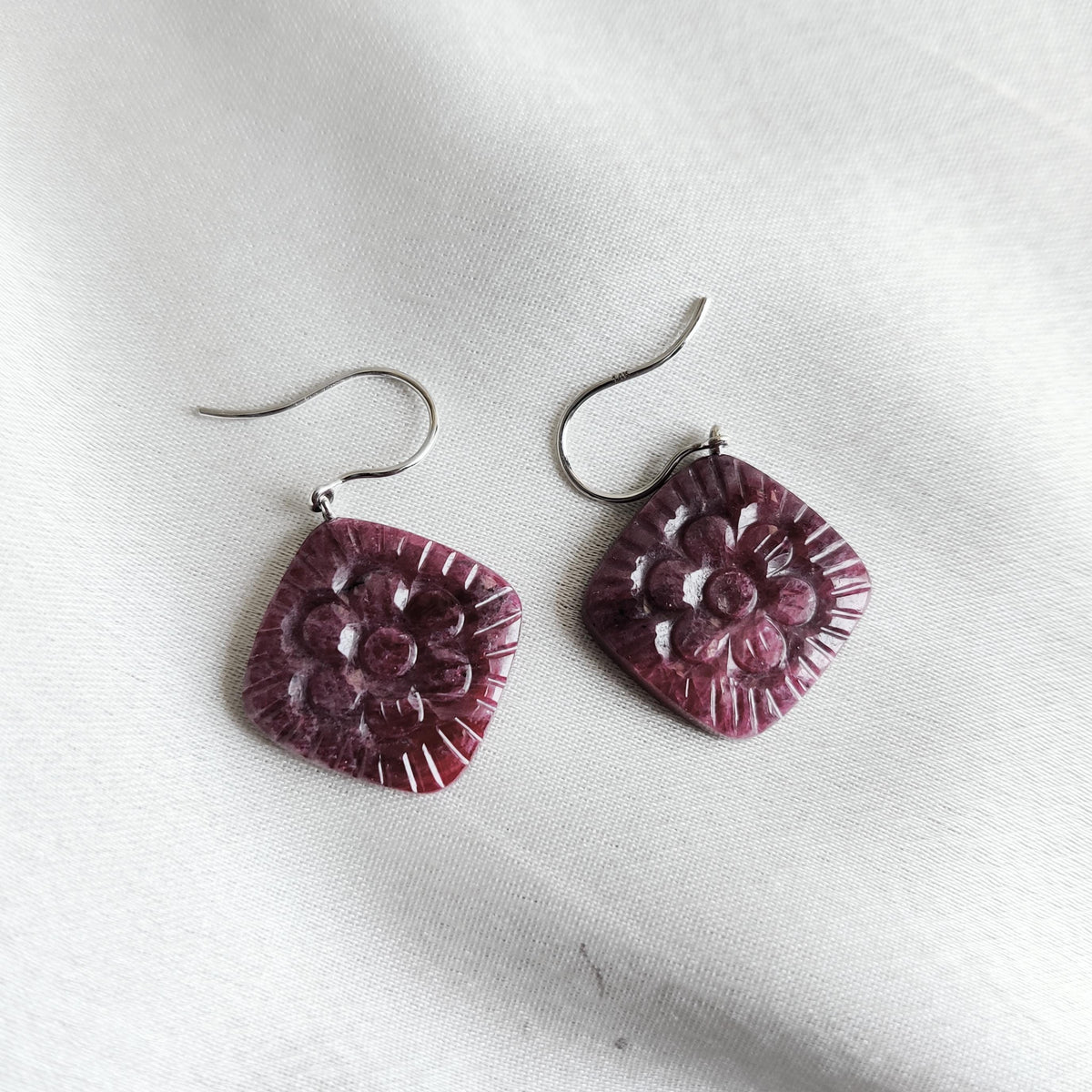 Natural Ruby Carving Drill Earrings, 14K Solid White Gold, July Birthstone