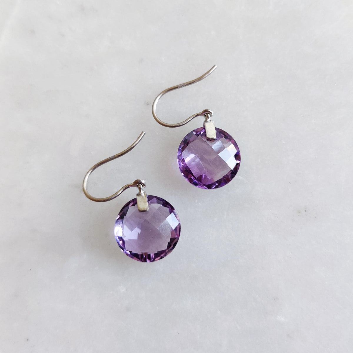 14K Solid White Gold Natural Purple Amethyst Drill Earrings, February Birthstone