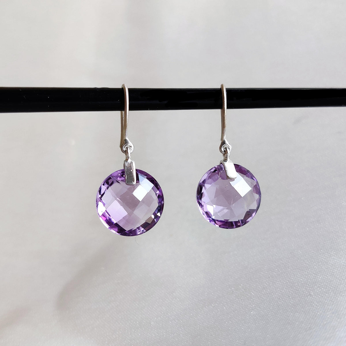 14K Solid White Gold Natural Purple Amethyst Drill Earrings, February Birthstone