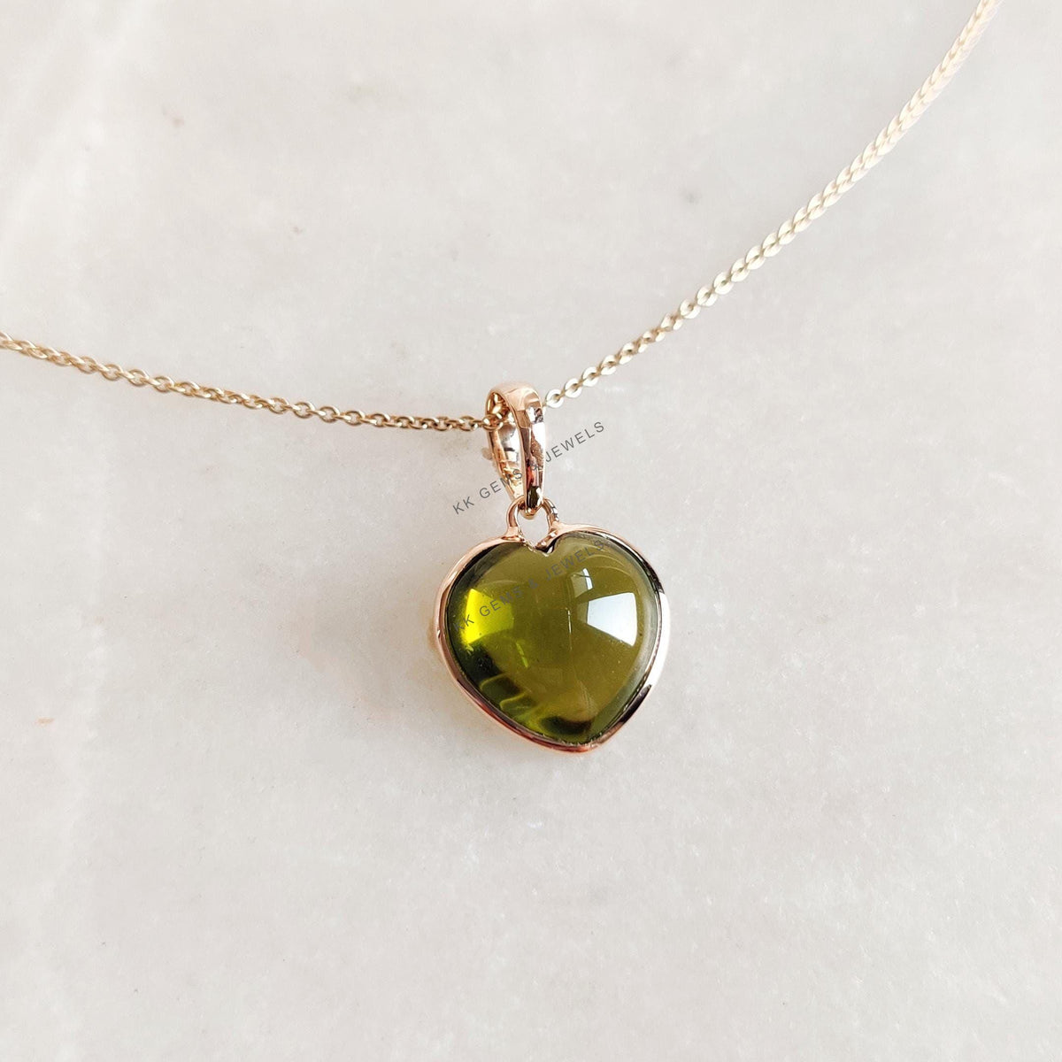 14K Solid Yellow Gold Natural Peridot Heart Pendant: August Birthstone Jewelry, Christmas Present