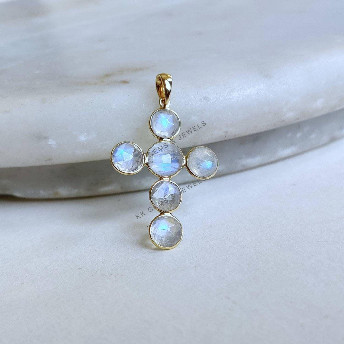 14K Solid Gold Natural Rainbow Moonstone Cross Pendant, June Birthstone Christmas Gift