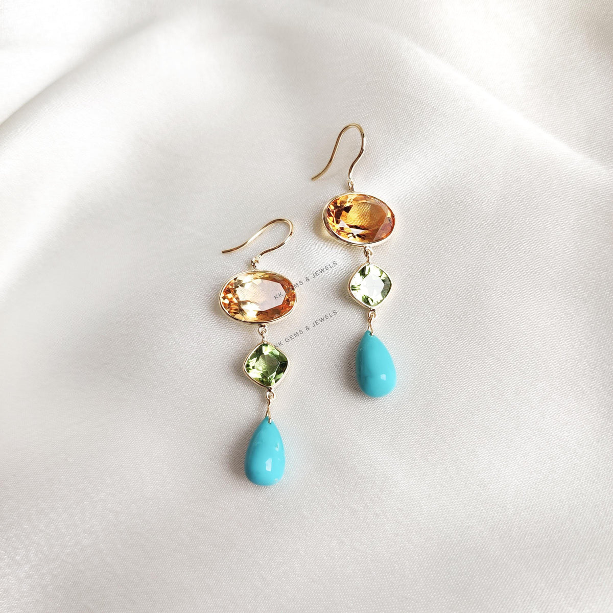 Natural Citrine & Peridot and Turquoise Bezel Earrings, 14K Solid Yellow Gold Gemstone Danglers