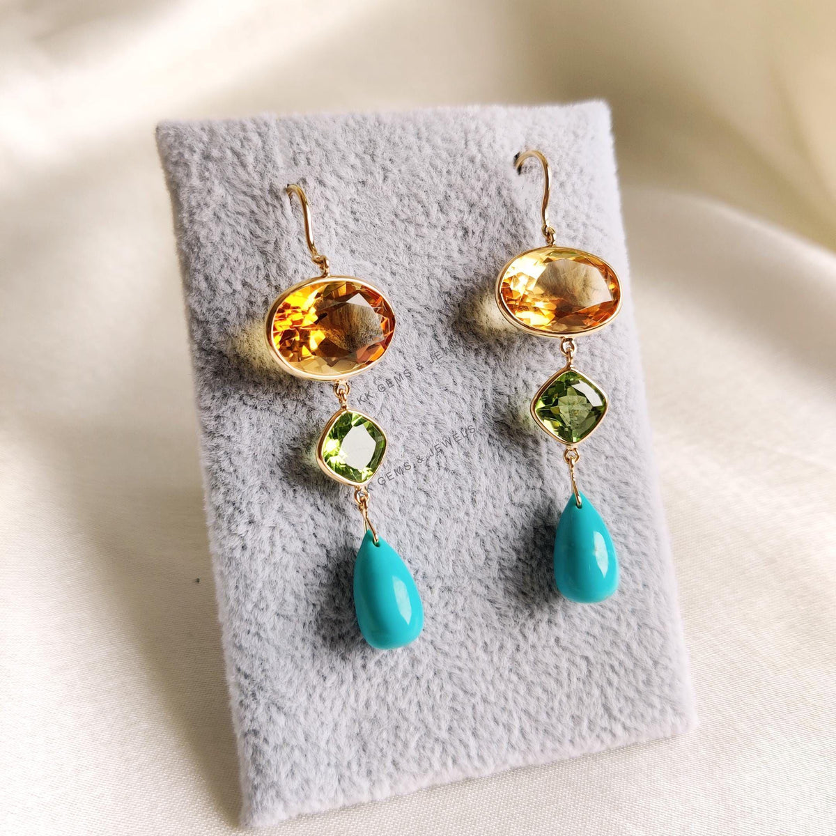 Natural Citrine & Peridot and Turquoise Bezel Earrings, 14K Solid Yellow Gold Gemstone Danglers