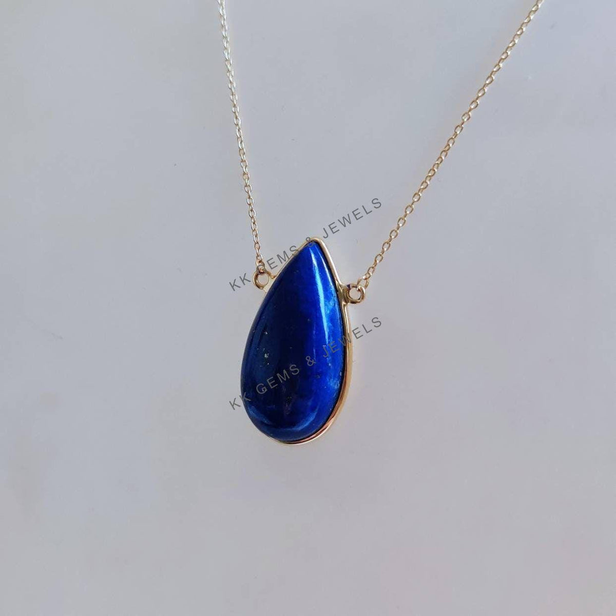 14K Solid Yellow Gold Natural Lapis Lazuli Pear Chain Necklace, September Birthstone
