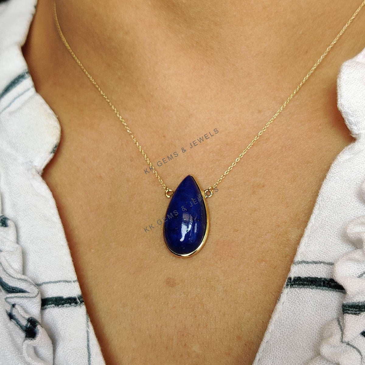 14K Solid Yellow Gold Natural Lapis Lazuli Pear Chain Necklace, September Birthstone