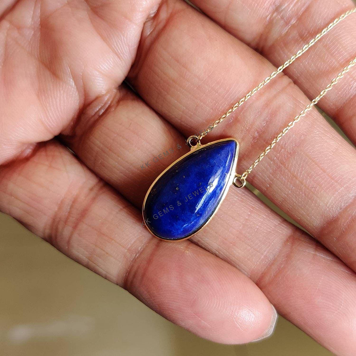 14K Solid Yellow Gold Natural Lapis Lazuli Pear Chain Necklace, September Birthstone