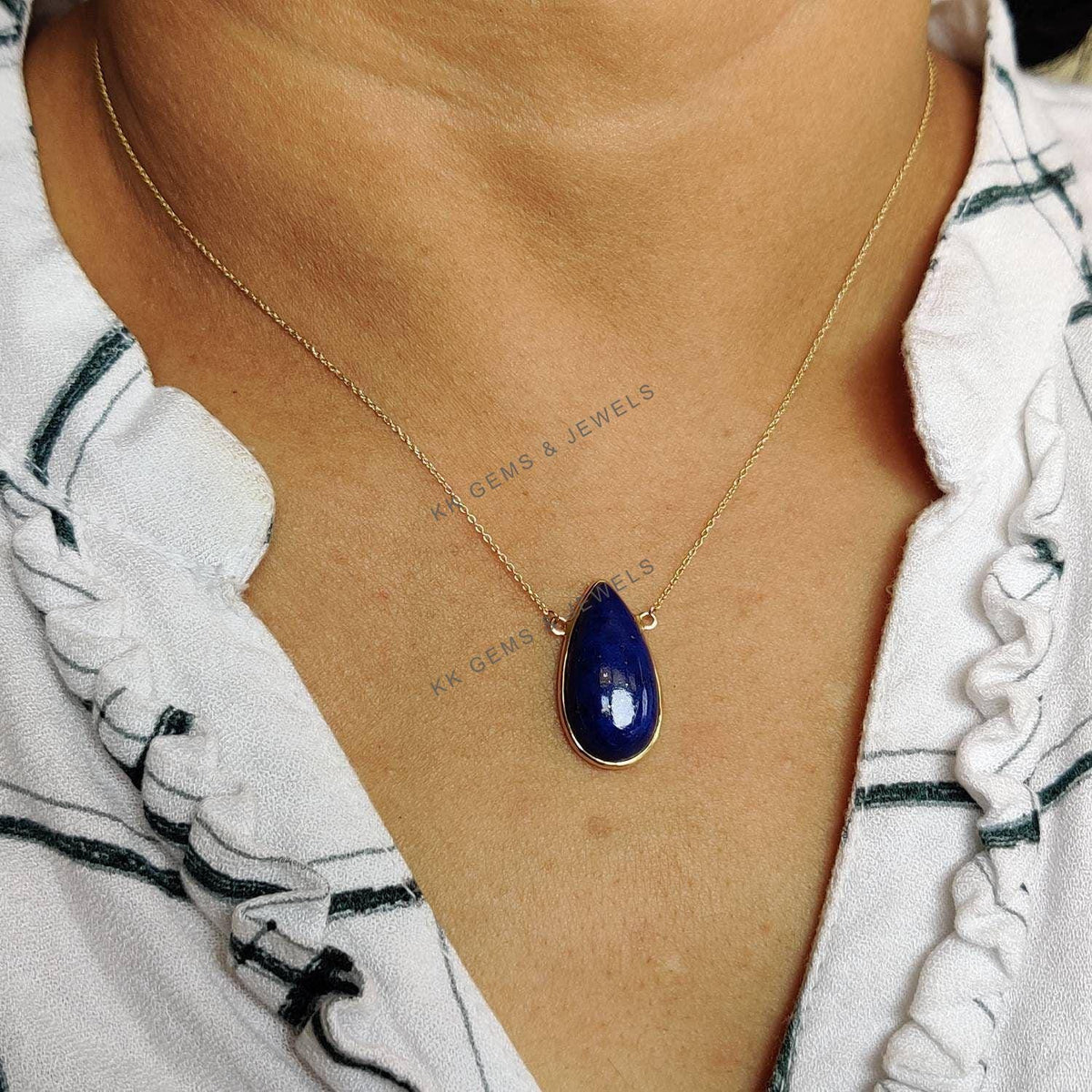 14K Solid Yellow Gold Natural Lapis Lazuli Pear Chain Necklace, September Birthstone