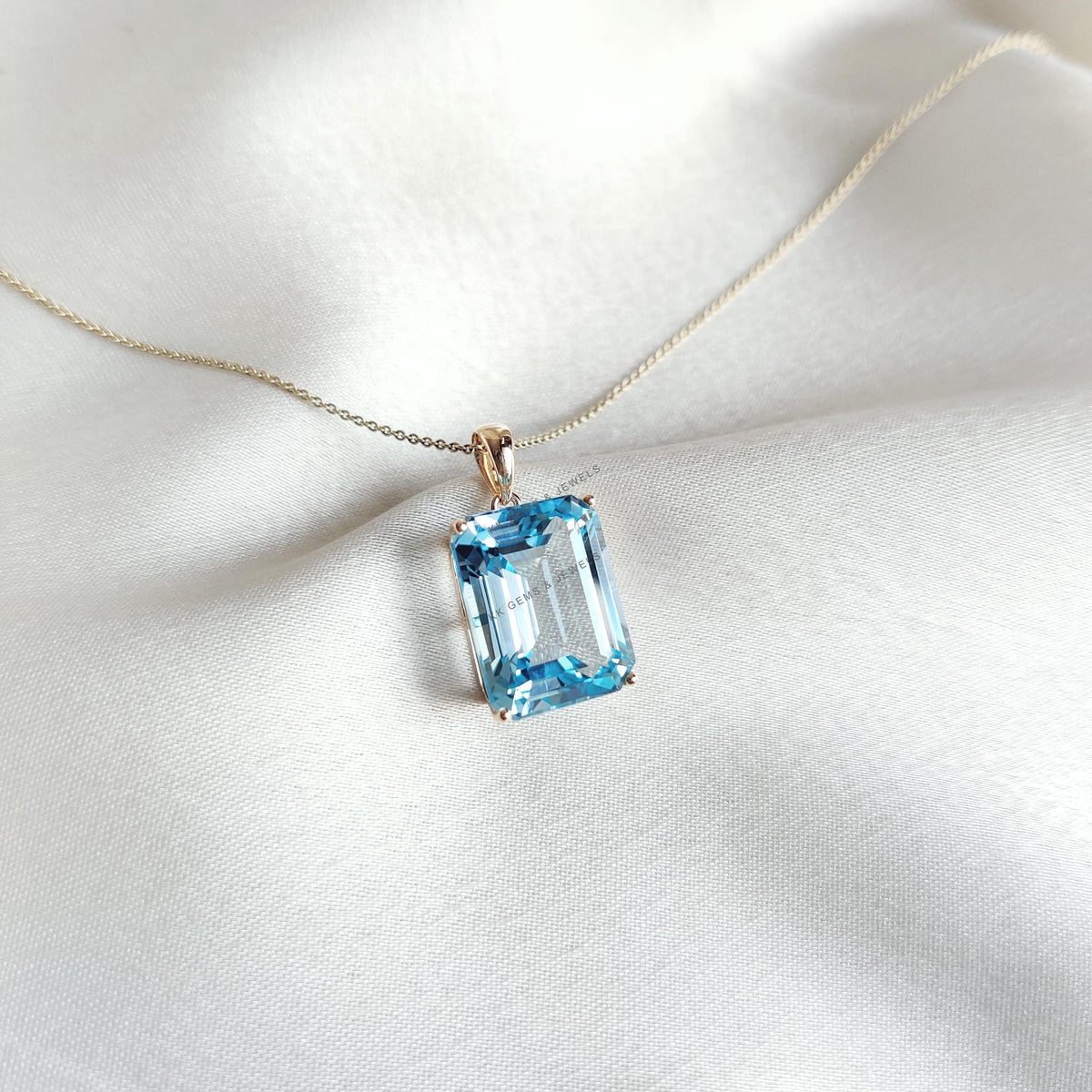 14K Solid Gold Natural Sky Blue Topaz Pendant, Octagon Gemstone, December Birthstone