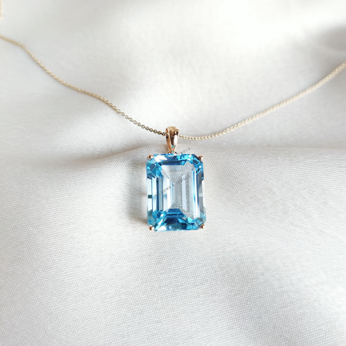 14K Solid Gold Natural Sky Blue Topaz Pendant, Octagon Gemstone, December Birthstone