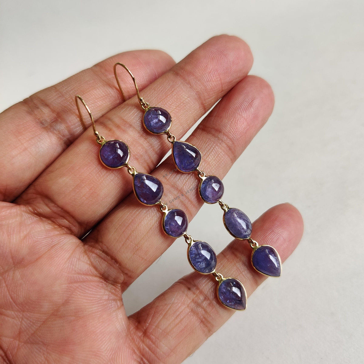 14K Solid Yellow Gold Natural Tanzanite Drop Earrings, December Birthstone